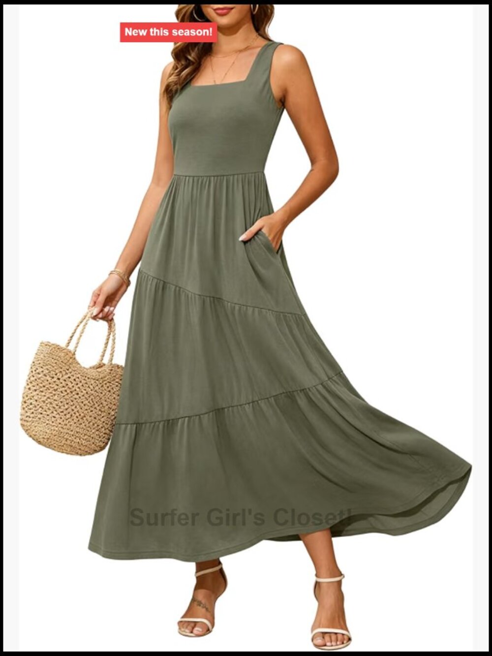 Sleeveless Square Neck Tiered Tank Maxi Dress with Pockets